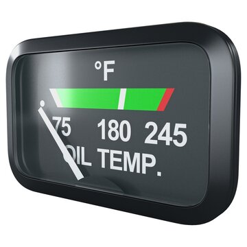Aircraft oil temperature gauge with OIL TEMP. text and Fahrenheit scale, isolated on a white background. 3D render image.