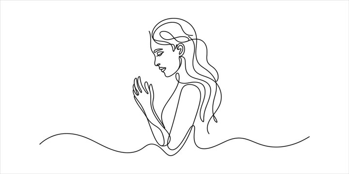 Continuous single line drawing of a peaceful woman praying with hands together in a calm and spiritual pose for minimalist wellness and beauty design