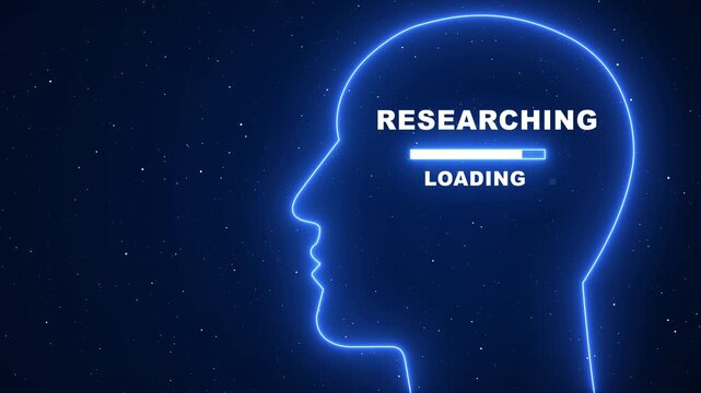 Neon human head silhouette with researching loading bar animation for artificial intelligence and data analysis concepts