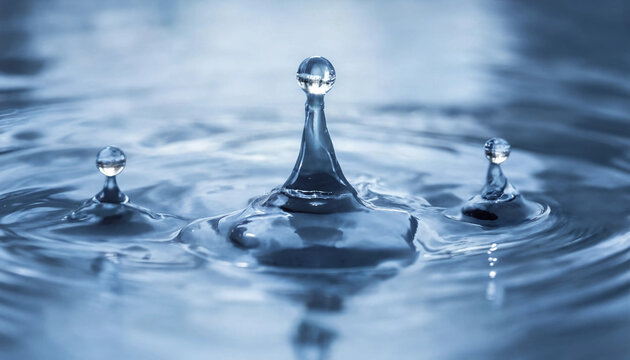 Three water droplets splashing on a blue liquid surface creating a central crown and smaller side splashes with concentric ripple patterns