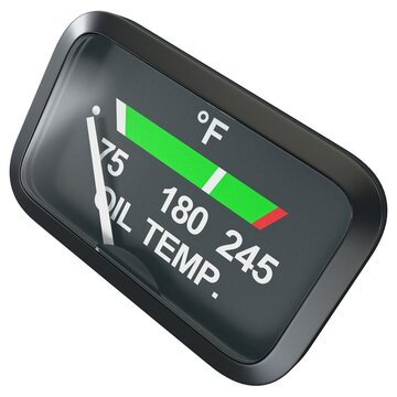 Aircraft oil temperature gauge with OIL TEMP. text and Fahrenheit scale, isolated on a white background. 3D render image.