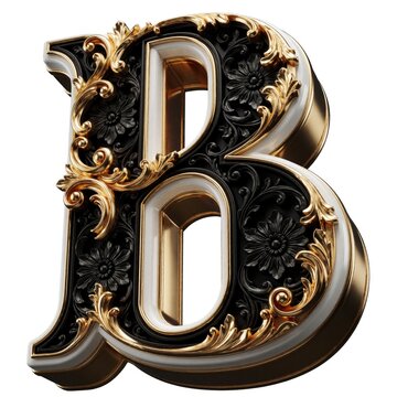 Ornate letter B with three dimensional gold leaf, black floral patterns. Luxury glossy white trim adds depth. Elegant typography element for branding creative projects premium invitations. Stylish