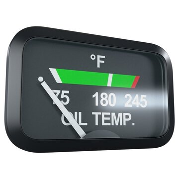 Aircraft oil temperature gauge with OIL TEMP. text and Fahrenheit scale, isolated on a white background. 3D render image.