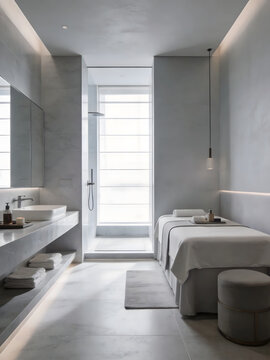 English: Quiet Healing Wellness Salon Guest Room Earth Tone Wabi-Sabi Interior Photo Large Window Natural Light Beauty Homestay Marketing Poster Backdrop