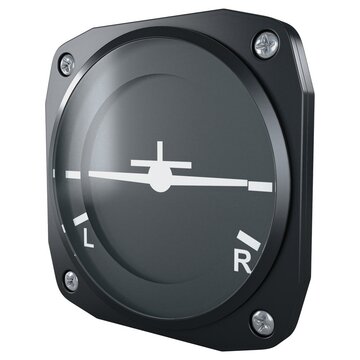Aircraft turn coordinator gauge with L and R markings, isolated on a white background. 3D render image.
