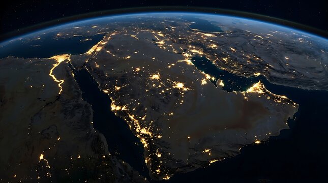 View of the middle east region at night from space with satellite, geography