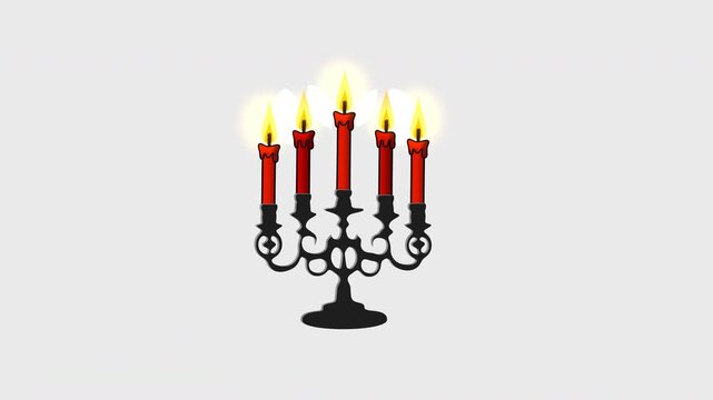 Antique Black Five Arm Candelabra with Burning Red Candles and Warm Glow, Vector Cartoon Illustration, Isolated on Alpha Channel Transparent Background, Vintage Gothic Candle Holder for Halloween, Mys