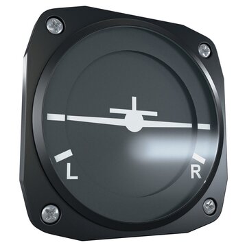 Aircraft turn coordinator gauge with L and R markings, isolated on a white background. 3D render image.