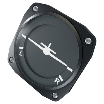 Aircraft turn coordinator gauge with L and R markings, isolated on a white background. 3D render image.