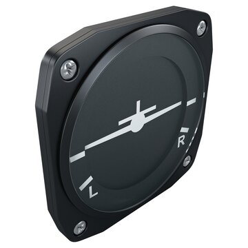 Aircraft turn coordinator gauge with L and R markings, isolated on a white background. 3D render image.