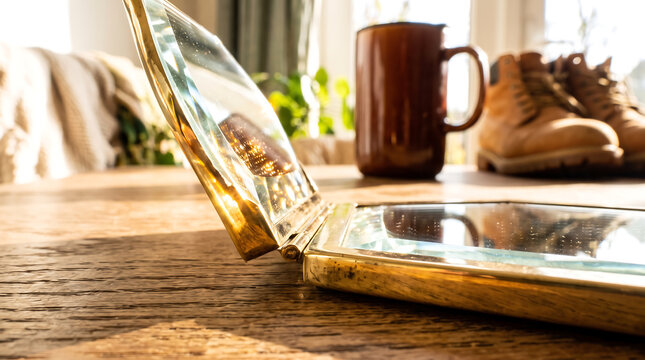 Vintage brass and glass display box on a wooden surface in warm morning sunlight.