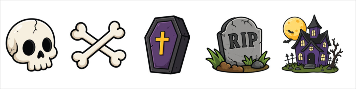 Spooky Halloween Graveyard Objects Cartoon Sticker Bundle Vector