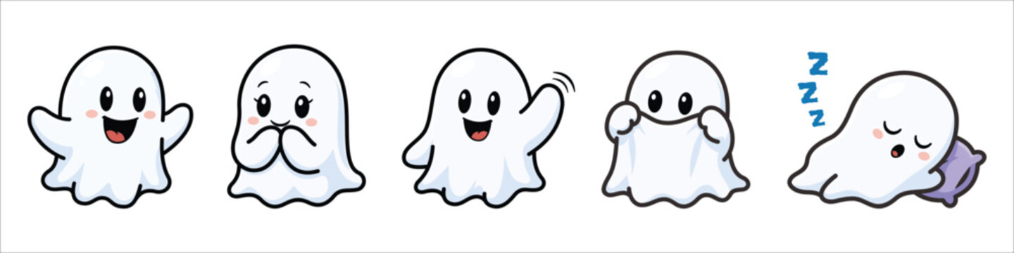 Cute Friendly Ghost Expressions Cartoon Sticker Collection Vector