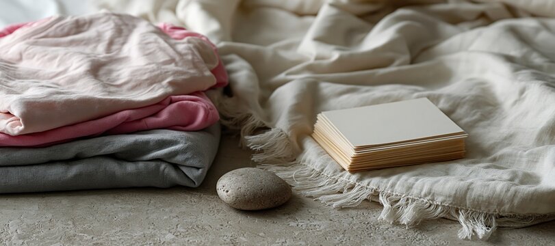 Folded pajamas, soft blanket, blank cards, and smooth stone arranged for bedtime routine