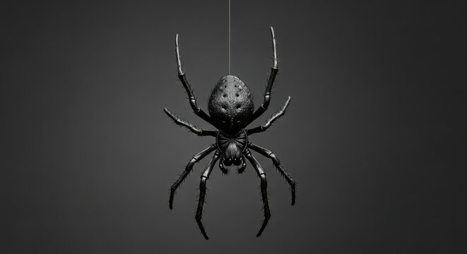 Black spider hanging on a thin thread against dark background 