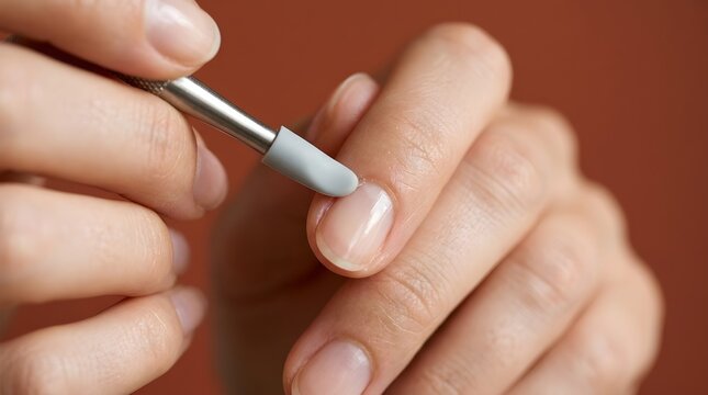 Close up shot of hands using a grey rubber silicone tipped tool to clean and push back fingernail cuticles.