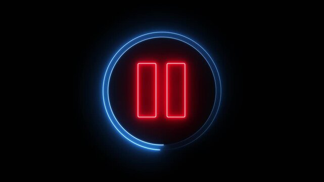 Glowing light neon red and blue color media player pause icon animation video and audio play stop control circle pause button sign symbol on black background