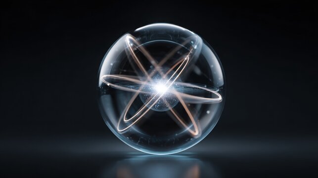 Floating transparent sphere containing a miniature glowing fusion reactor with elegant plasma rings orbiting inside, dark premium background
