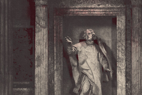 halfo tone vintage print of  catholic statue in marble of saint and marie and jesus