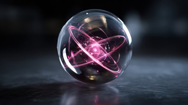 Floating transparent sphere containing a miniature glowing fusion reactor with elegant plasma rings orbiting inside, dark premium background