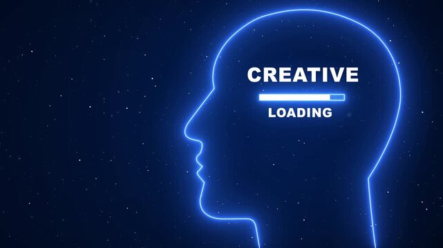 Creative loading progress bar with neon human head silhouette on digital background, innovation.