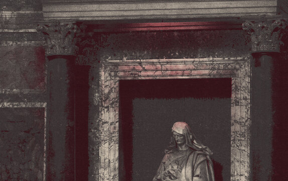 halfo tone vintage print of  catholic statue in marble of saint and marie and jesus