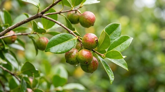 Fresh camellia seeds on a branch. Organic tea plant fruits growing in a lush garden.