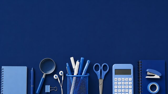 Blue office supplies on dark background. Stationery items for school or business work.