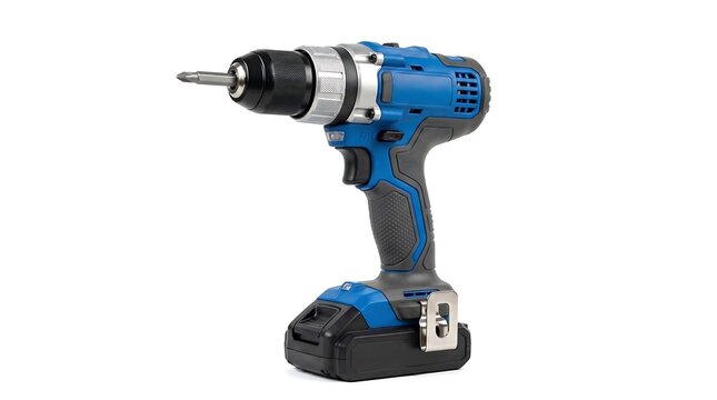 Cordless power drill on white background. Professional electric screwdriver for construction.