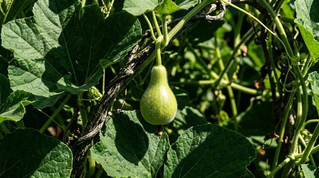 Green calabash gourd growing on vine. Fresh bottle gourd hanging in a sunny garden.