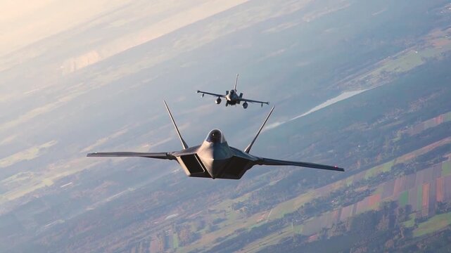 F-22 Raptor Escorts F-16 Fighter During High-Altitude Flight Showcasing Stealth, Speed, Precision, and Air Superiority Together.