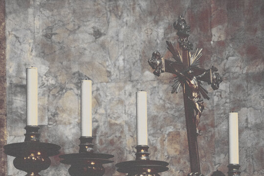 half tone vintage print of cross in the church and candles 