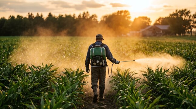 Farmer spraying crops in a field. Agricultural worker applying fertilizer at sunset.