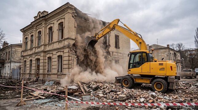 Excavator demolishing old building. Heavy machinery destroying house for urban redevelopment.