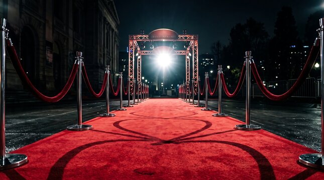 Red carpet event entrance at night. Luxury gala arrival with velvet ropes and bright lights.