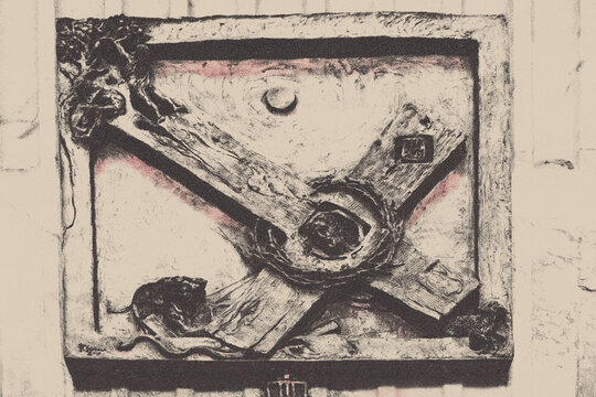 halfo tone vintage print of  grunge skull background and cross
