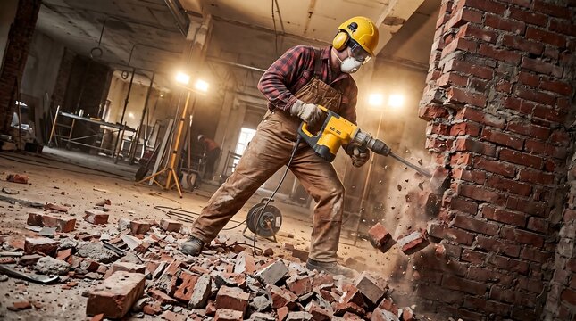 Construction worker using a jackhammer. Builder demolishing a brick wall at a site.