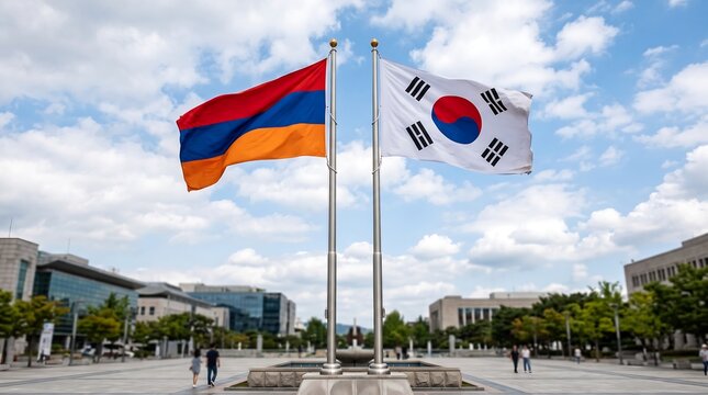 Armenia and South Korea flags waving together. International cooperation and diplomacy concept.