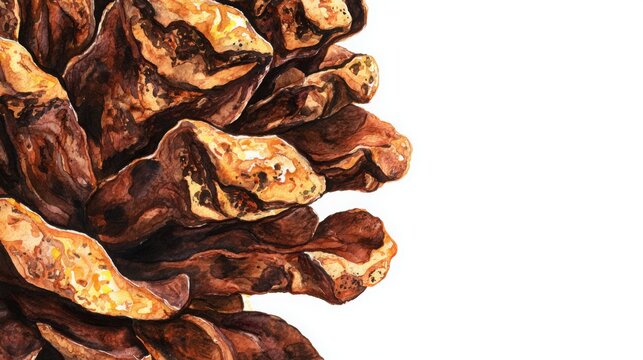 Highly detailed pinecone created with layered walnut, chocolate and amber watercolor pigments, natural granulation and expressive brushwork, isolated