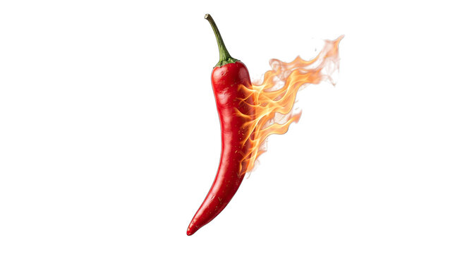 A single fresh red chili pepper engulfed in bright orange flames isolated on transparent background