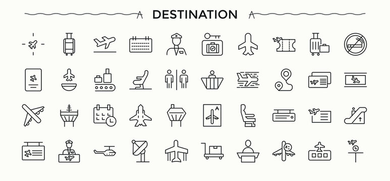 Air Bus icon set. Featuring airport, airport, flight, travel, transport and more. Airport modern icon set. Outline icons collection. Editable stroke. Vector collection.