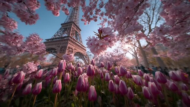 Paris, France, Europe. A vivid portrayal of the Eiffel Tower in Paris, France, bathed in the soft light of the rising sun. The Eiffelt Tower stands tall against a clear blue sky.