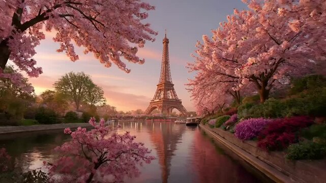 Paris, France, Europe. A vivid portrayal of the Eiffel Tower, the iconic landmark in Paris, France, bathed in the warm glow of the setting sun.