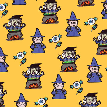 Quirky witch brewing potion and eyeball candy seamless pattern