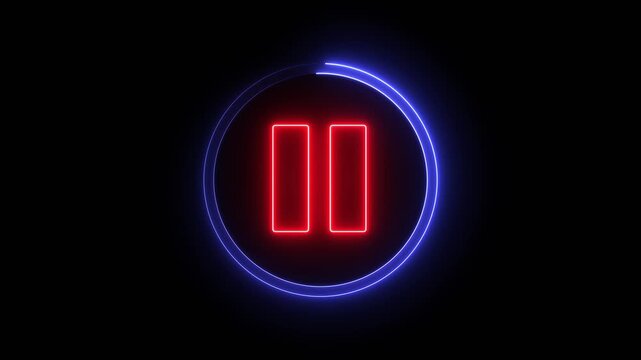 Glowing light neon red and blue color media player pause icon animation video and audio play stop control circle pause button sign symbol on black background