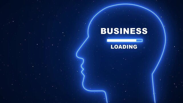 Business loading concept: neon human head silhouette with progress bar animation for corporate strategy and digital innovation