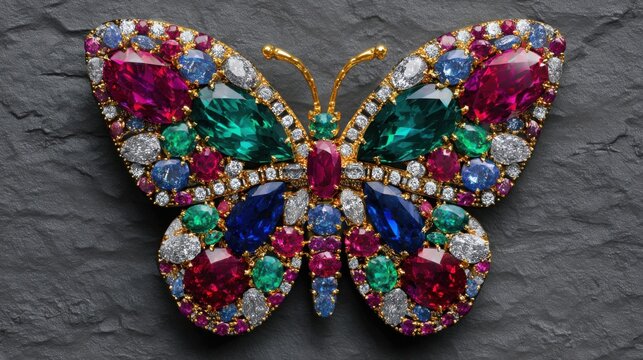 Large butterfly composed of colorful sapphire, ruby, emerald and diamond gemstones, isolated on matte charcoal background, luxury jewelry aesthetic