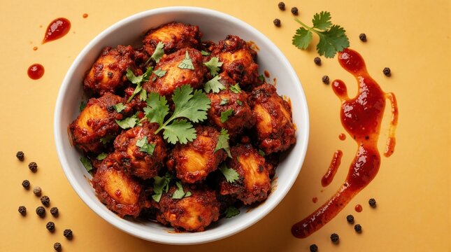Spicy chicken 65 served in white bowl with fresh coriander garnish and chili sauce. Small chicken pieces have crispy fried texture and rich red marinade, seasoned with spices.