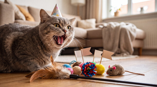 A British Shorthair cat in a party hat opens its mouth wide over toys and blank flags with a cozy blurred living room behind for International Cat Day content