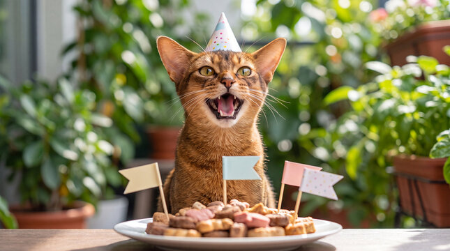 An Abyssinian cat in a party hat opens its mouth wide over treats and blank flags with a green blurred balcony behind for International Cat Day marketing content